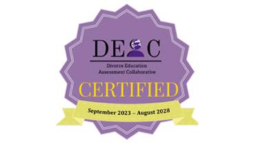 Badge showing that FOK is certified by the Divorce Education Assessment Collaborative, Sept. 2023-Aug. 2028