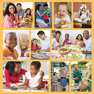 Collage of parents and children preparing and eating healthy snacks and meals