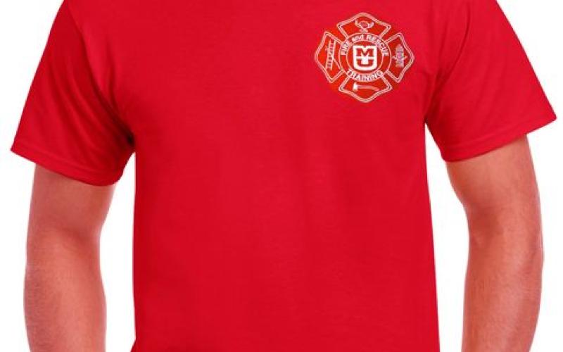 Photo of red shirt front with logo