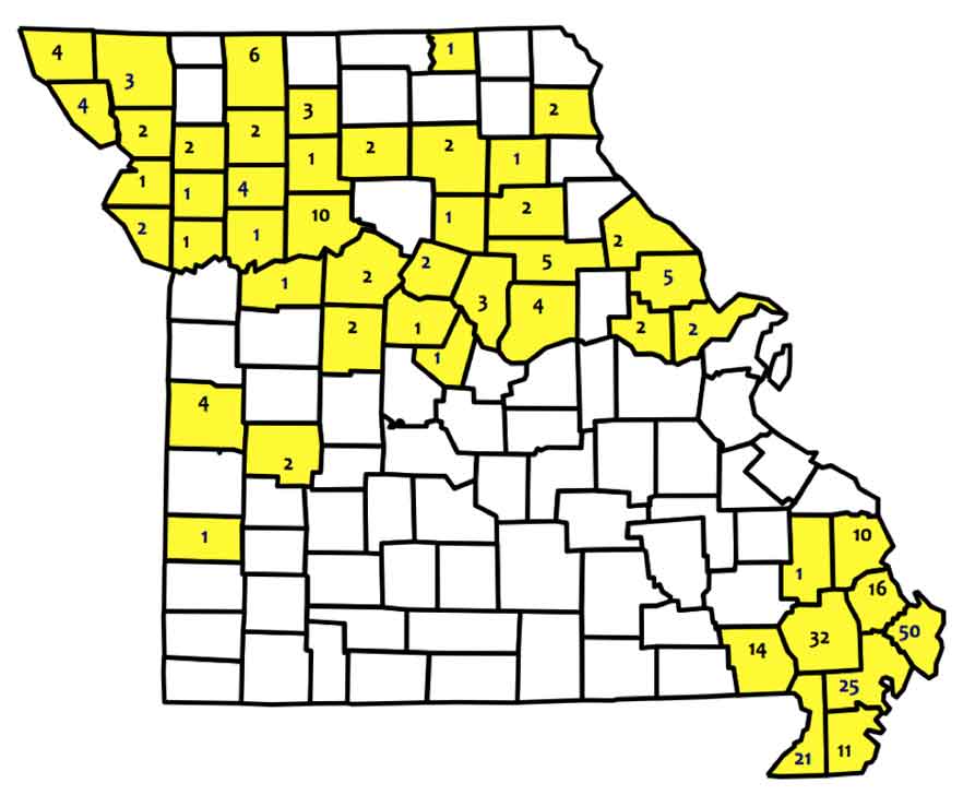 County map of Missouri indicating official dicamba-related injury investigations