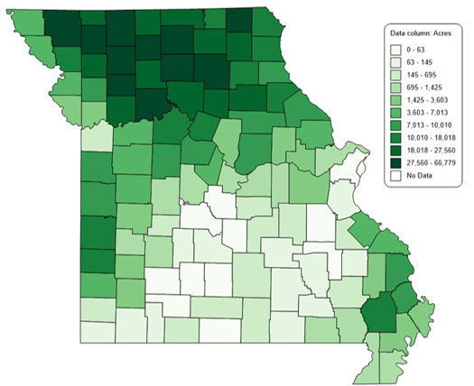 Acres of Conservation Reserve Program (CRP) per county in Missouri, 2016