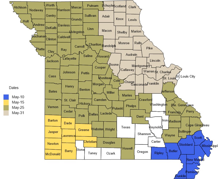 Map of Missouri showing final corn planting dates by county