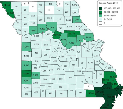 Map of irrigated acres in Missouri by county, 2010