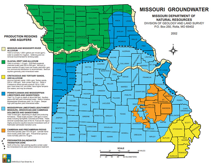 Map of Missouri groundwater production regions and aquifers