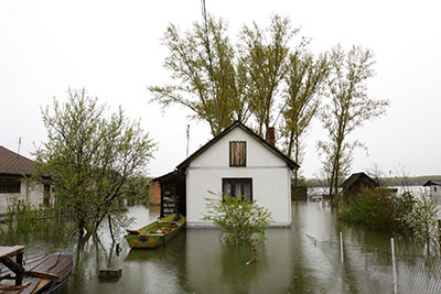 Floodwater surrounding a house