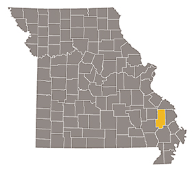 Map of Missouri with Bollinger county highlighted.