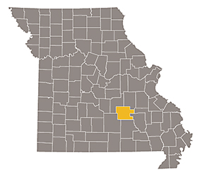 Map of Missouri with Dent county highlighted.