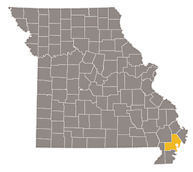 Map of Missouri with New Madrid county highlighted.