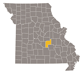 Map of Missouri with Phelps county highlighted.