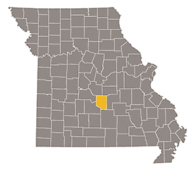 Map of Missouri with Pulaski county highlighted.