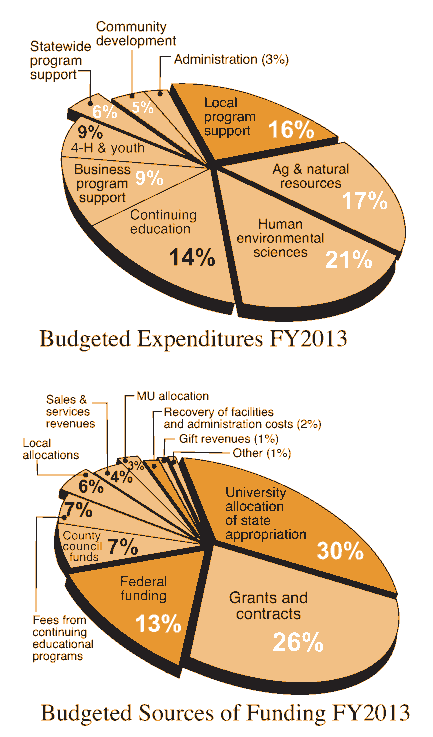 Pie charts: Budgeted expenditures and income, FY2013