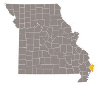 Missouri map with Mississippi County highlighted.