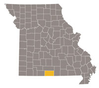 Missouri map with Ozark county highlighted