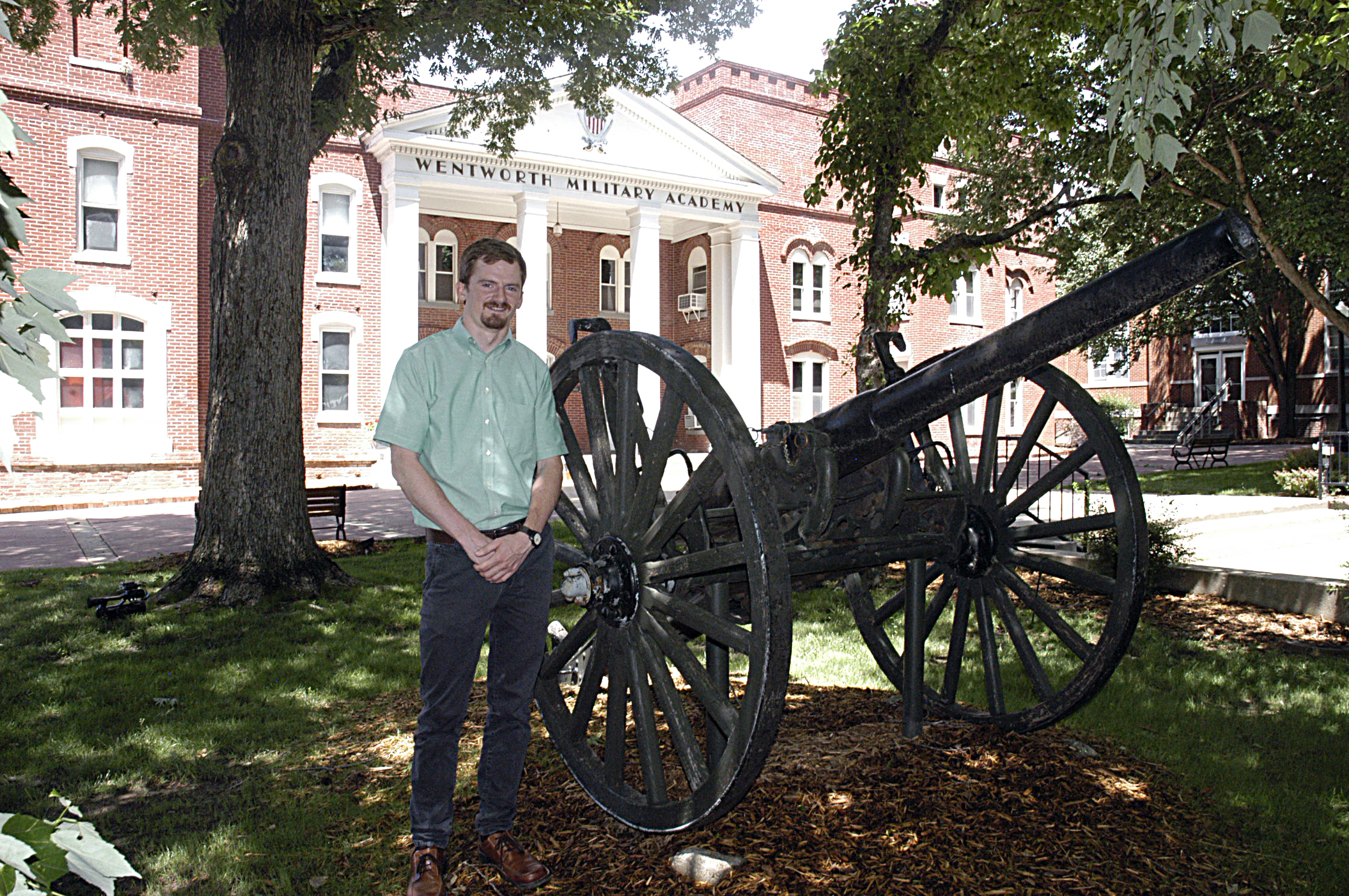 Mark Porth, MU Extension regional community arts specialist, in front of Lexington’s Wentworth Military Academy, which is listed on the National Register of Historic Places.