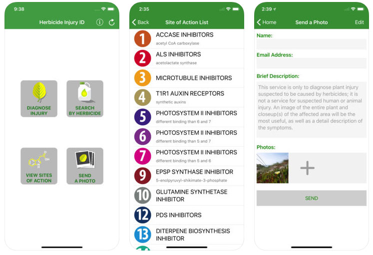 Screenshots from Herbicide Injury ID app.