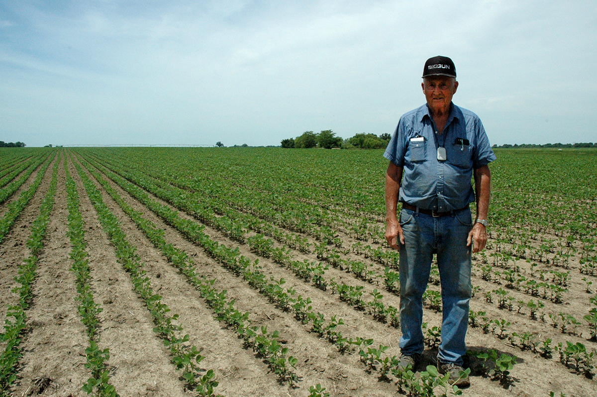 At 81, Russel Winter still likes to try new farm technology. He recently installed a subsurface drip irrigation system on an irregularly shaped plot of soybean. Photo by Linda Geist.