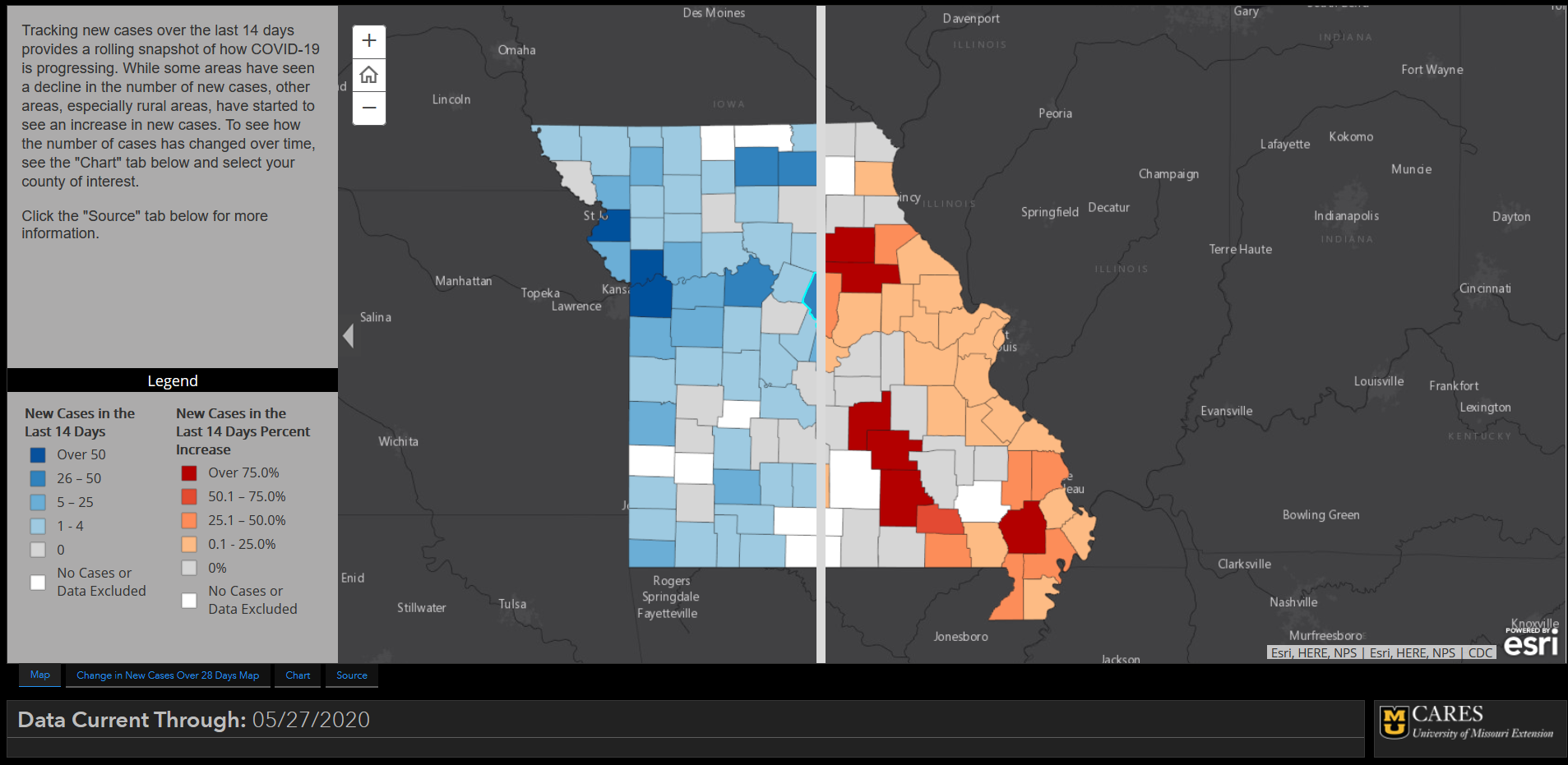 Open Screenshot of swipe map showing new COVID-19 cases in Missouri over the past 14 days.