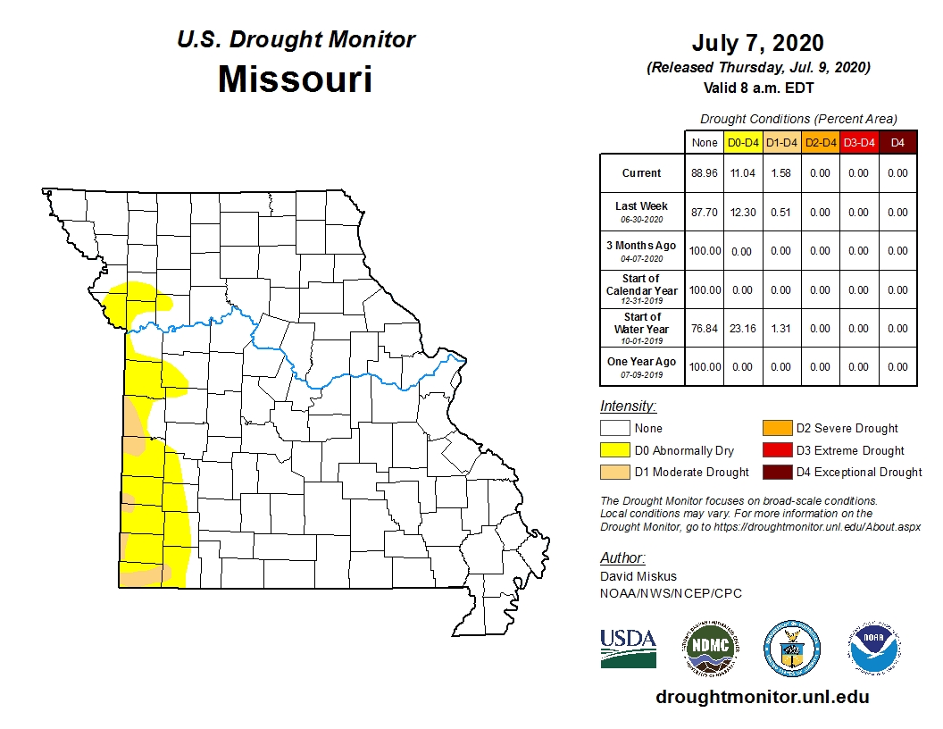 Open July 7, 2020, U.S. Drought Monitor map for Missouri.