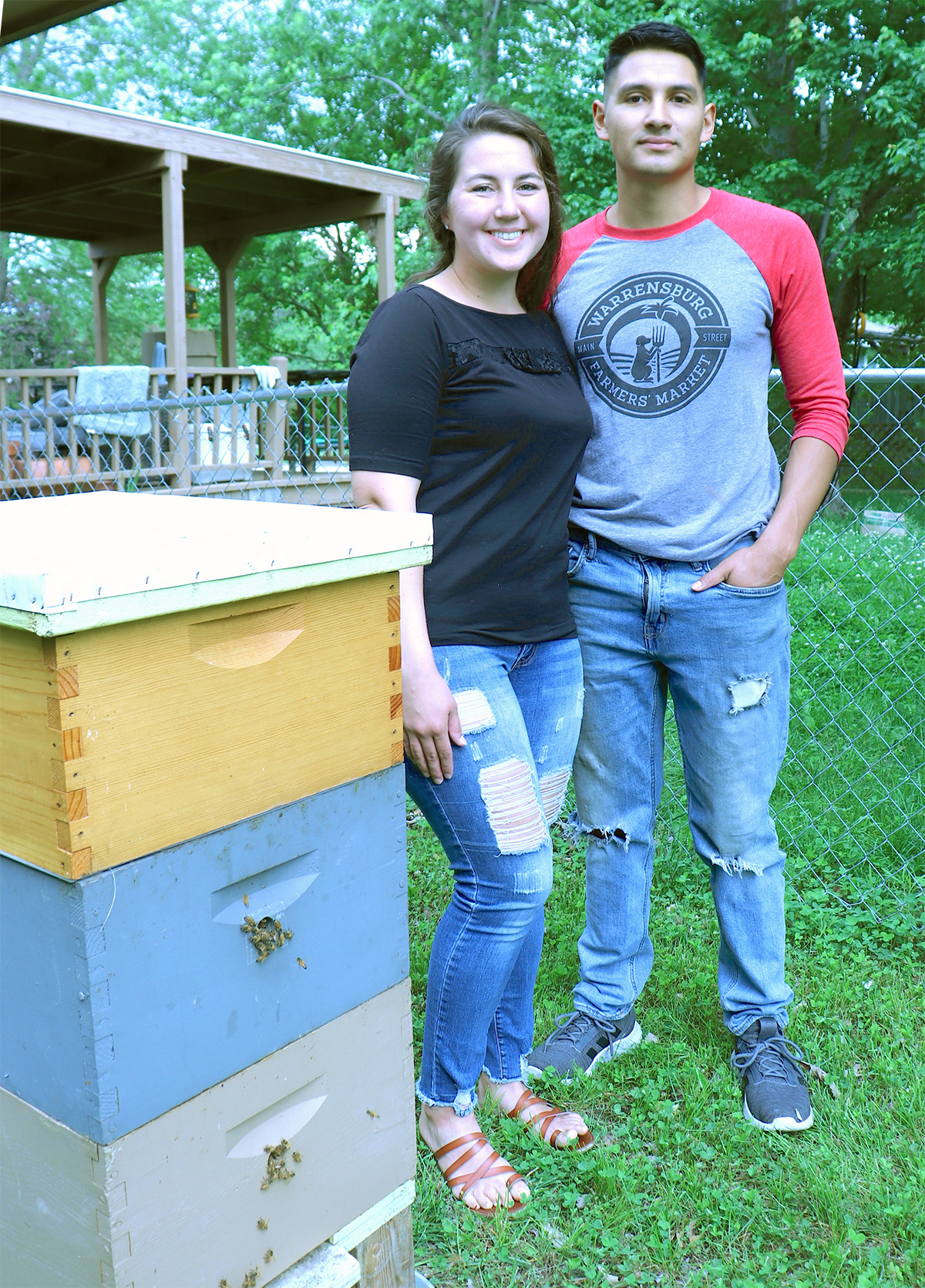 Senior Airman Santiago Valdez and his wife, Julie, are polishing their beekeeping skills in MU Extension’s Heroes to Hives program, which teaches veterans and their families about beekeeping. The couple’s backyard hive provides honey and beeswax for their