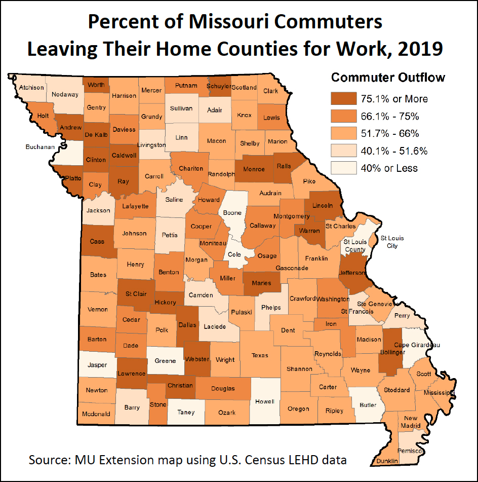 Open Map: Percent of Missouri commuters leaving their home counties for work, 2019. Source: MU Extension map using U.S. Census LEHD data.