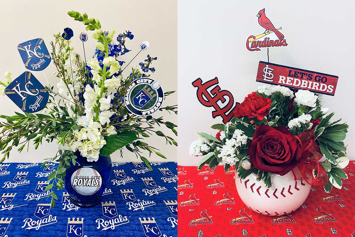 Open Left, a blue delphinium and white snapdragon arrangement of flowers is sure to be a hit for Royals fans. Right, cheer for the Cardinals with a bouquet of red and white carnations, roses and statice. Photos by Michele Warmund.
