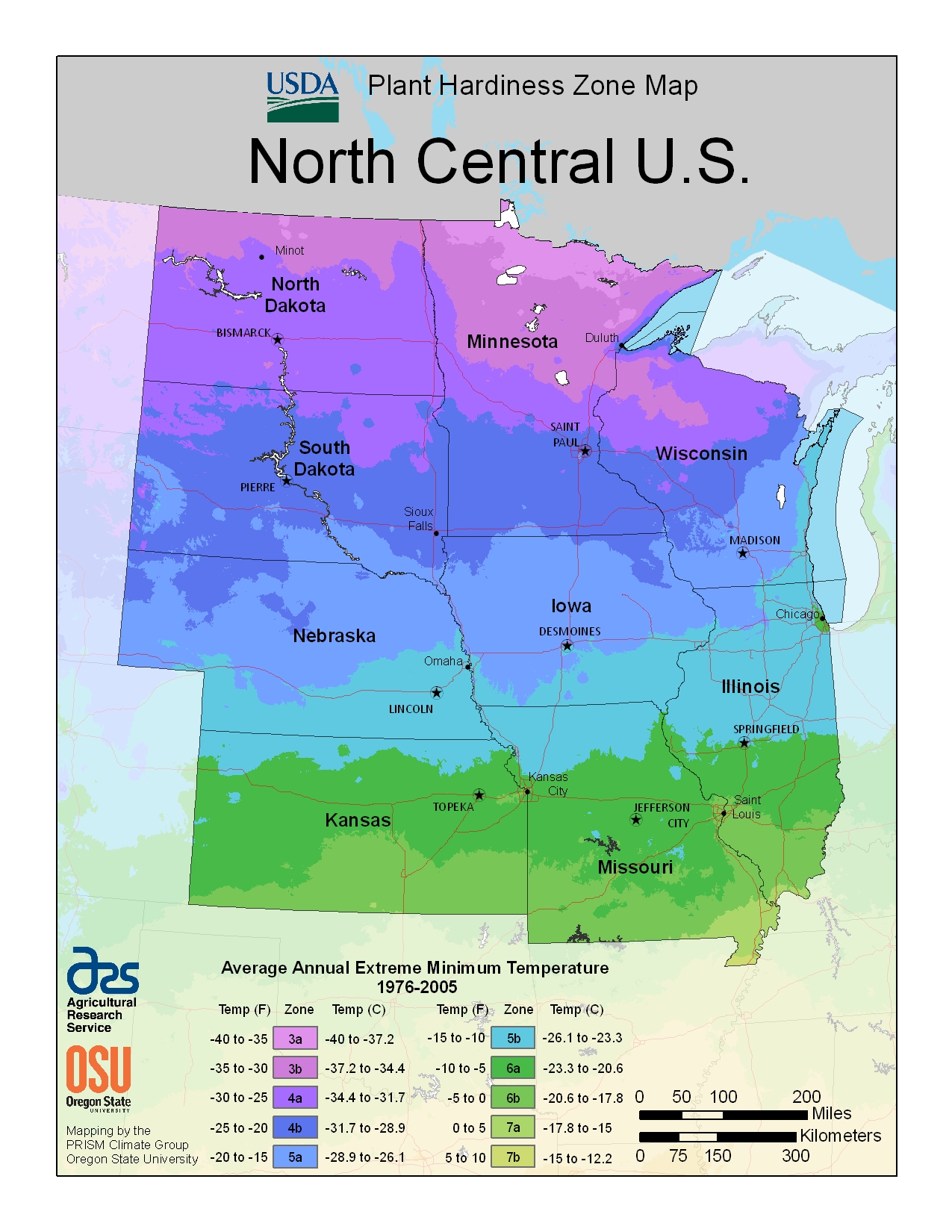 Open USDA plant hardiness zone map for north-central U.S.