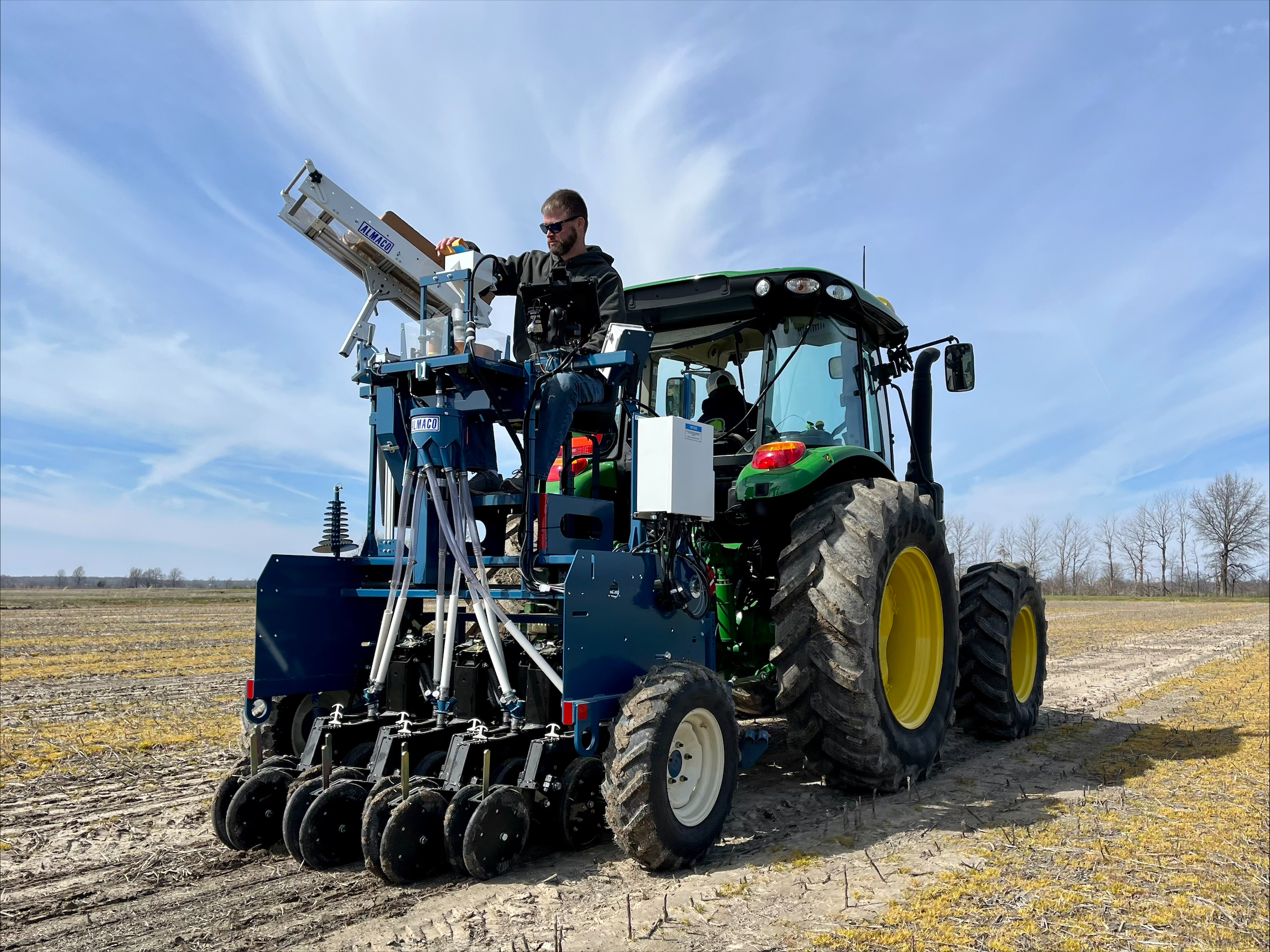 Justin Chlapecka planting rice for a 2023 seeding rate trial at a Missouri Rice Council research farm near Campbell, Mo.