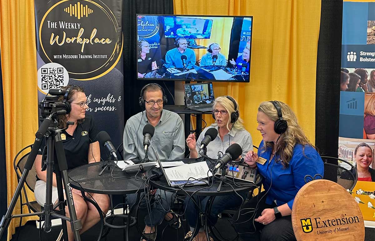 The Missouri Training Institute presented the 100th episode of “The Weekly Workplace” podcast live at the Missouri State Fair on Aug. 17. Pictured, from left, are Interim Associate Vice Chancellor for Extension and Engagement Sarah Traub, MTI Director Dew