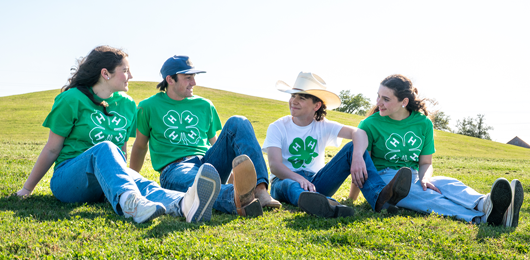 four people in 4-H green shirts sitting in a field