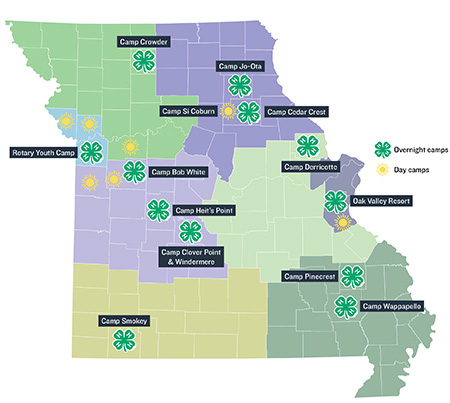 Map of 4-H day and overnight camps across Missouri