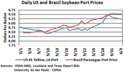 Chart showing daily U.S. and Brazil soybean port prices in May and June