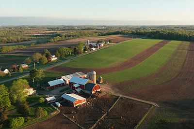 Aerial view of farm and countryside