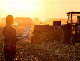 female farmer in field with laptop