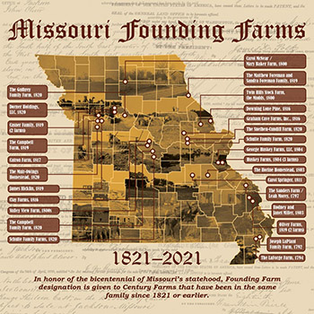 Missouri map indicating county where each Founding Farm is located