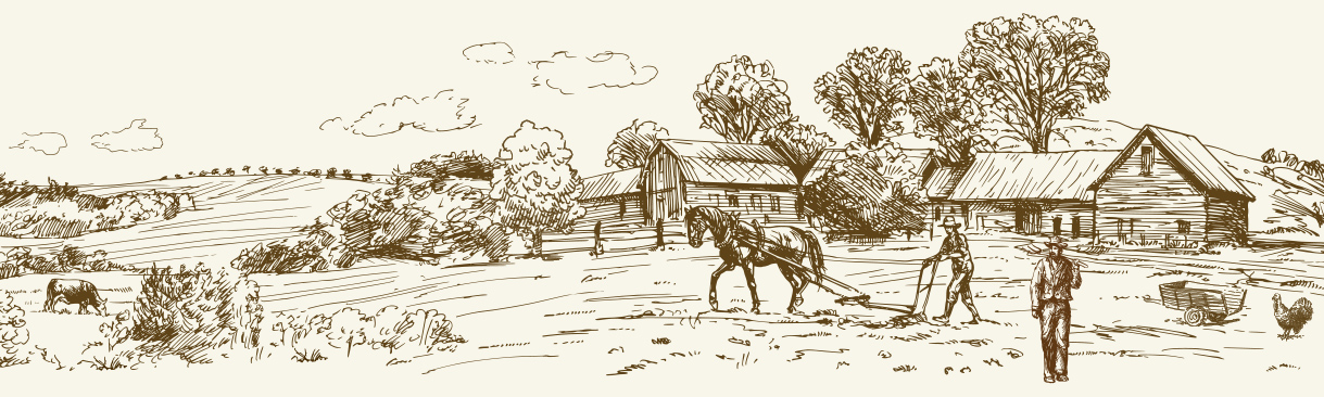 Sketch of old farm land, buildings and tools