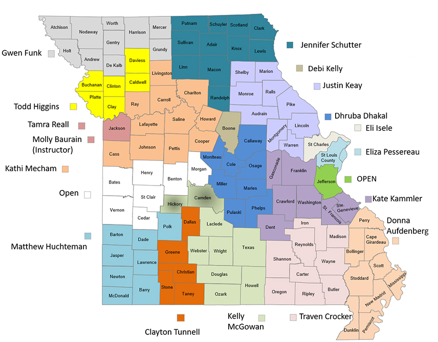 Missouri map with counties marked to designate area horticulturalists