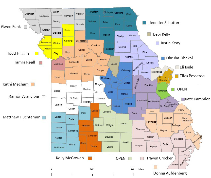 Missouri map with counties marked to designate area horticulturalists