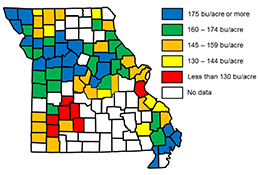 Link to a tabular version of a map showing range of average bushels per acre corn yield in each Missouri county in 2017.