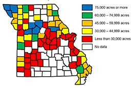 Link to a tabular version of a Missouri map showing range of corn acres harvested in each Missouri county in 2017.