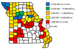 Link to a tabular version of a map showing range of corn bushels produced in each Missouri county in 2017.