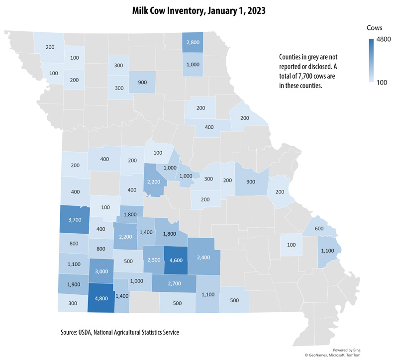 Map showing milk cow inventory by Missouri county as of Jan 1, 2022. Data source: USDA National Agricultural Statistics Service.
