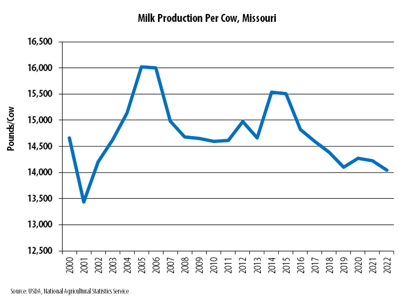 Line graph showing milk production per cow for Missouri from 2000 to 2022. Missouri averaged 14,045 pounds per cow in 2022. Production per cow ranged from 16,026 to 13,441 pounds over the time period. Missouri’s milk production per cow has varied tremendously, due to a surge in low-input rotational grazing dairying since the year 2005. Data source: USDA National Agricultural Statistics Service.