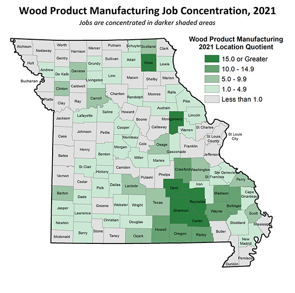 Map of Missouri illustrating wood product manufacturing job concentration in 2021. Most jobs are concentrated in SE Missouri with some counties employing 15 times more than the national average.