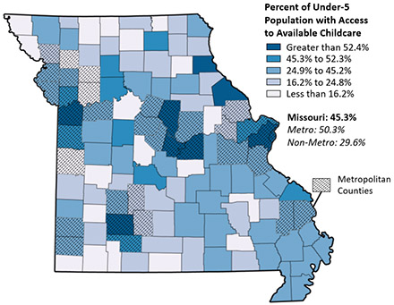 Missouri map showing percent of under-5 population with access to available childcare