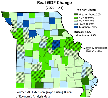 Map of Missouri showing real GDP change from 2020-2021
