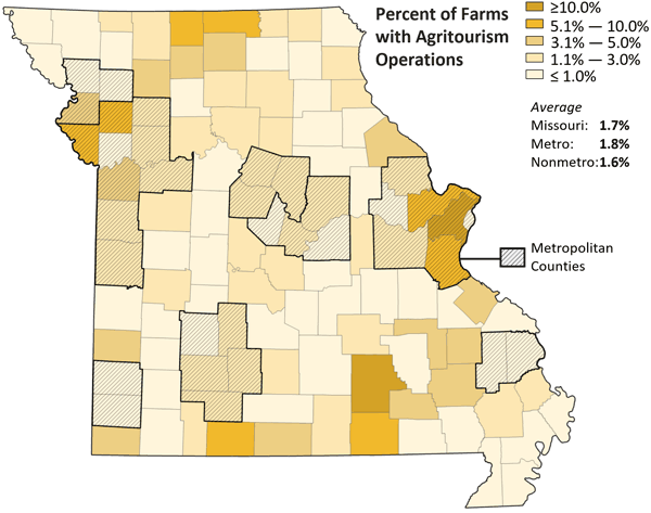 Missouri map showing percent of farms with agritourism by county.