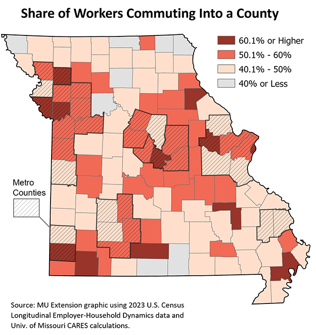A map of Missouri with shaded counties showing workers commuting to work data.