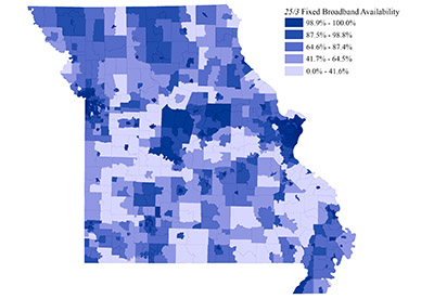 Color-coded map of Missouri showing fixed broadband availability