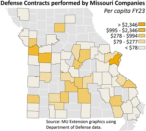 Graph showing defense contracts performed by Missouri companies, per capita FY23