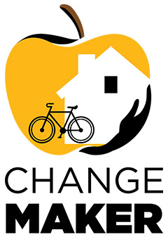 Extension Changemaker logo, illustration of an apple with a house and bike within it and a hand reaching around it.
